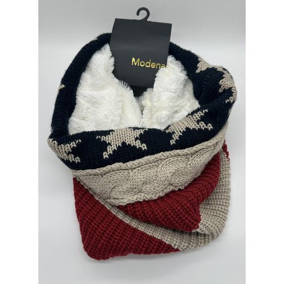 MODENA AMERICAN FLAG INFINITY RING SCARF CABLE KNIT FAUX FUR LINED NEW WITH TAGS - Picture 1 of 7